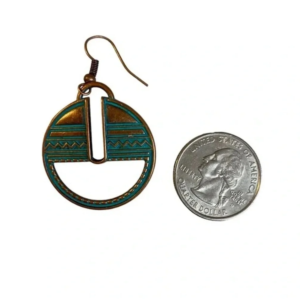 New Womans Turquoise Patina Round Metal Tribal Style Bronze Dangle Hook Earrings